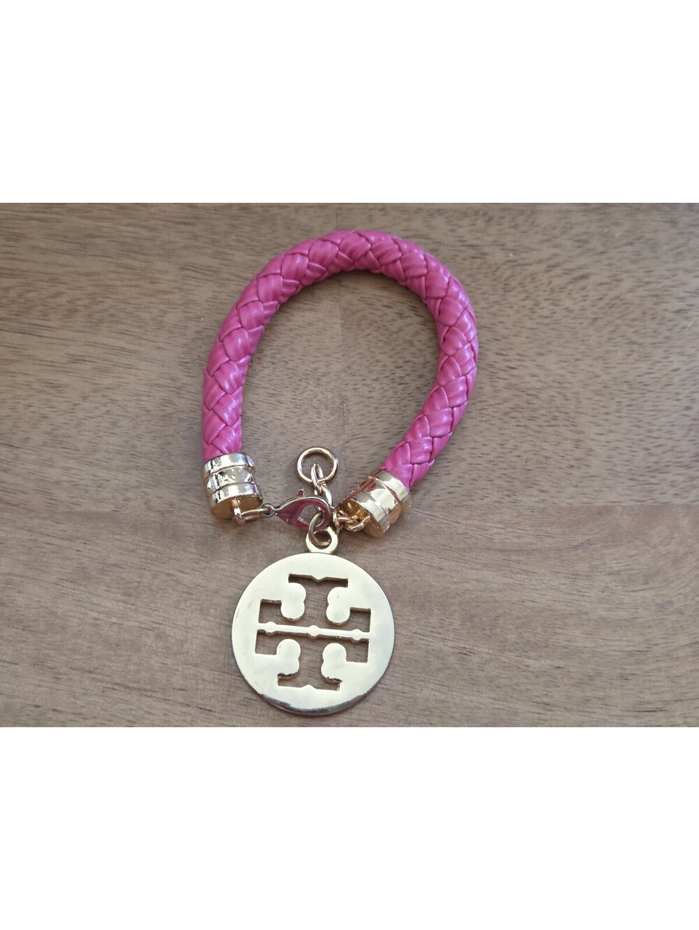 Tory Burch Pink Braided Leather Bracelet Gold Tone Double T Logo Charm - Picture 3 of 4